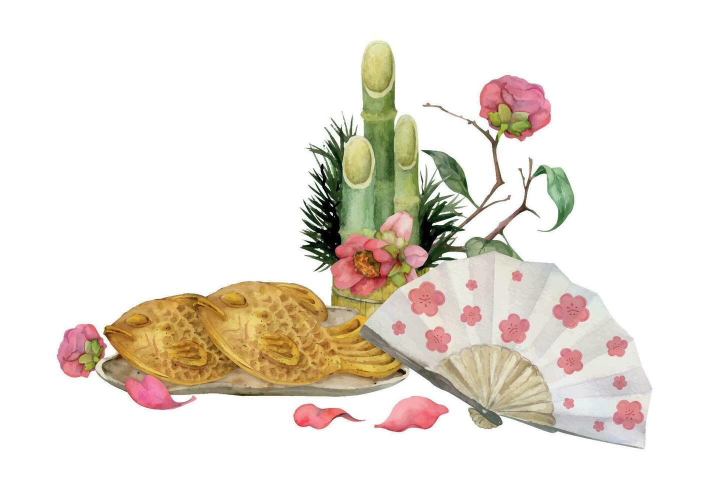 Watercolor hand drawn traditional Japanese sweets. Ceramic dish, taiyaki, camellia, fan kadomatsu. Isolated on white background. Design for invitations, restaurant menu, greeting cards, print, textile vector