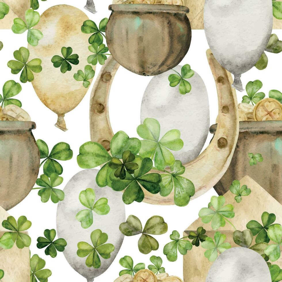 Watercolor hand drawn illustration, Saint Patrick holiday. Lucky clover, horseshoe, balloons pot gold. Ireland tradition. Seamless pattern Isolated white background. Ivitations, print, party, cards. vector