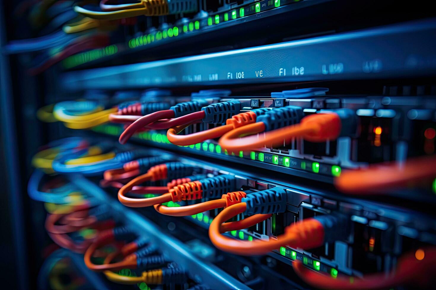Network switch and ethernet cables in data center. 3d rendering, close up of network cables connected to an internet hub, shallow depth of field, AI Generated photo