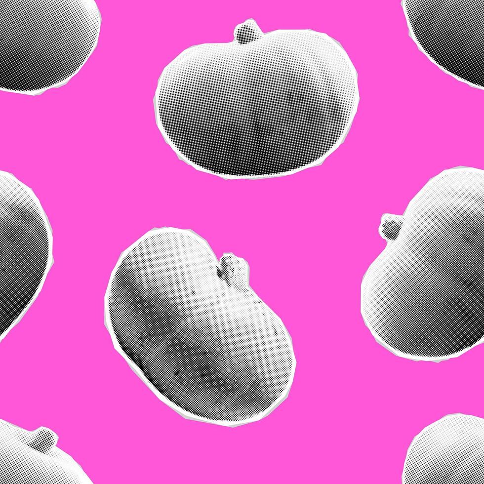 Vector halftone autumn pumpkin seamless pattern. Collage halftone pumpkin vegetables on pink background. Trendy retro halftone thanksgiving pumpkin print.