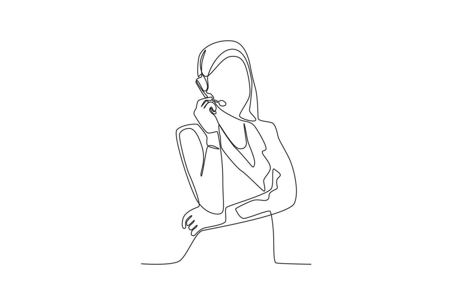 One continuous line drawing group of female customer service is solving customer complaints vector