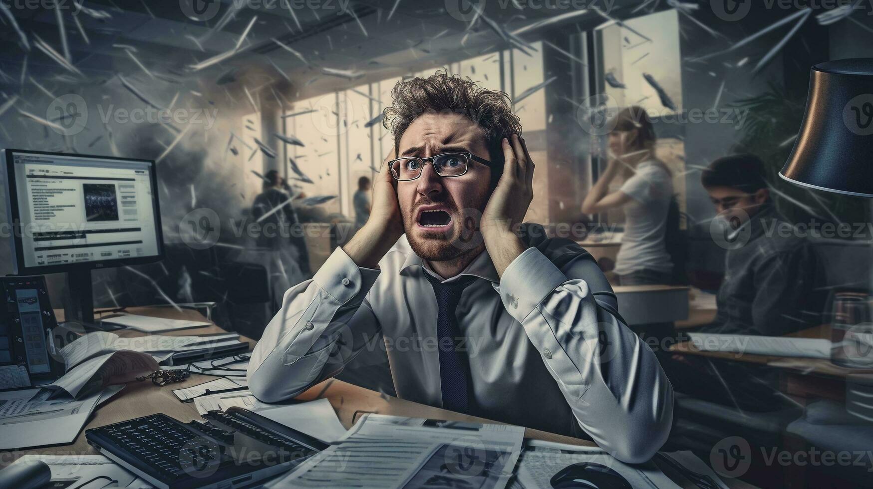 Everyday Office Pressure A Stressed Employee at Work. Relatable Image for Work and Corporate Life photo