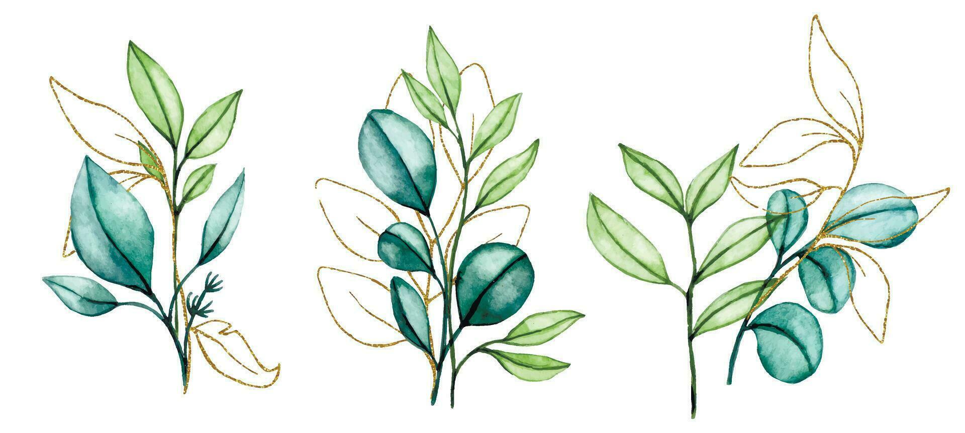 watercolor drawing, a set of bouquets, compositions of transparent eucalyptus leaves with gold elements. vector