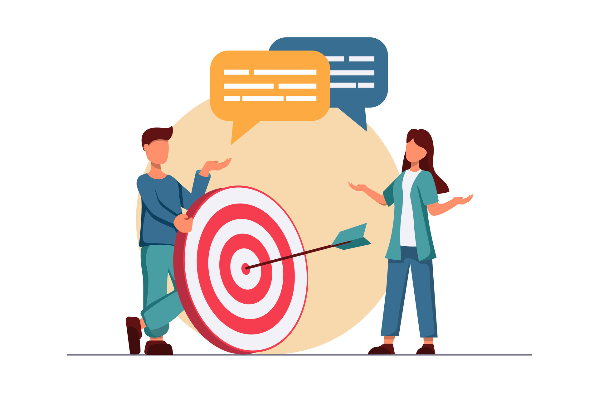 Marketing. A man and a woman are talking, with an arrow target next to