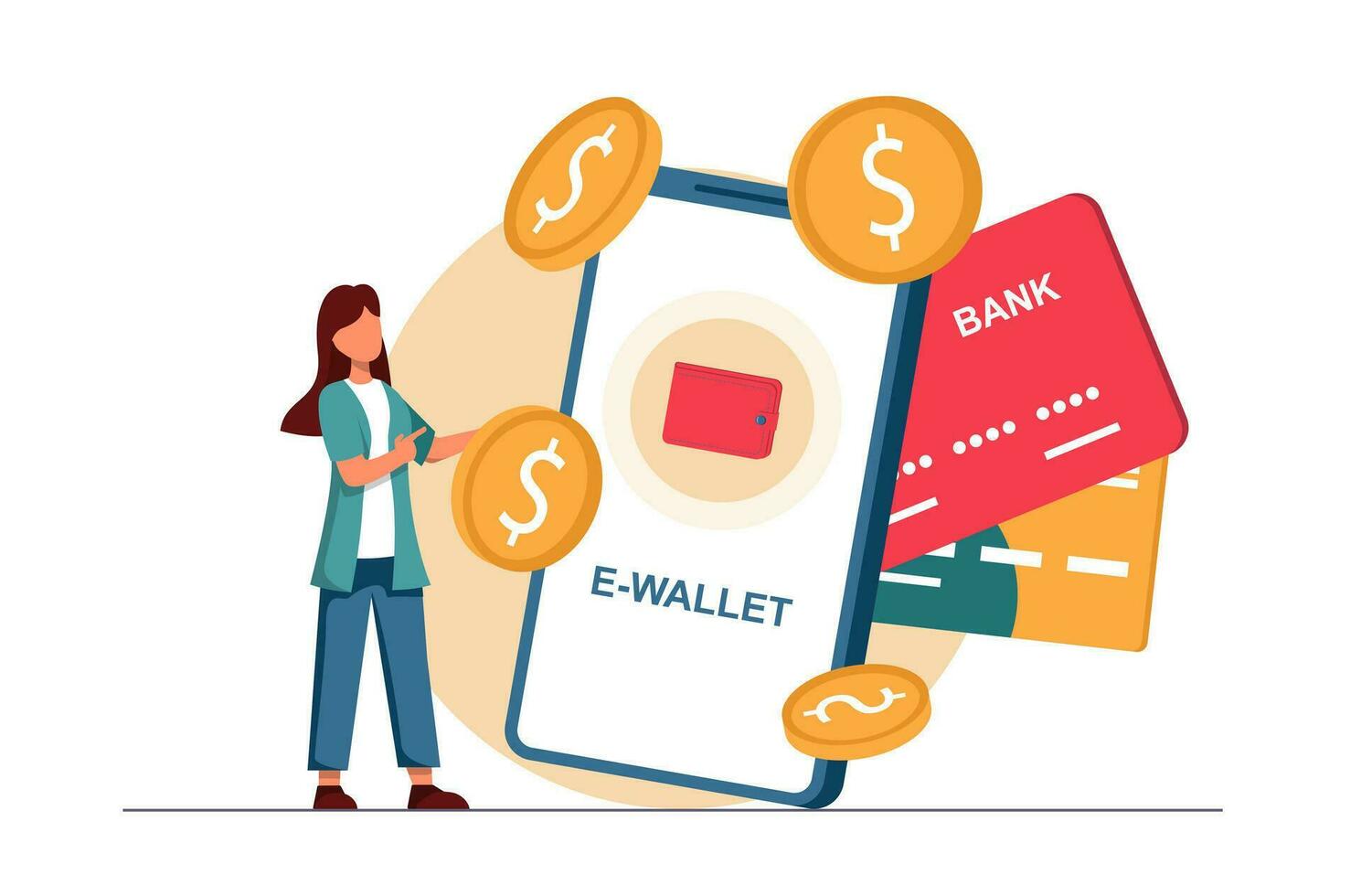 E-wallet. A woman checks the balance in her e-wallet on her smartphone vector