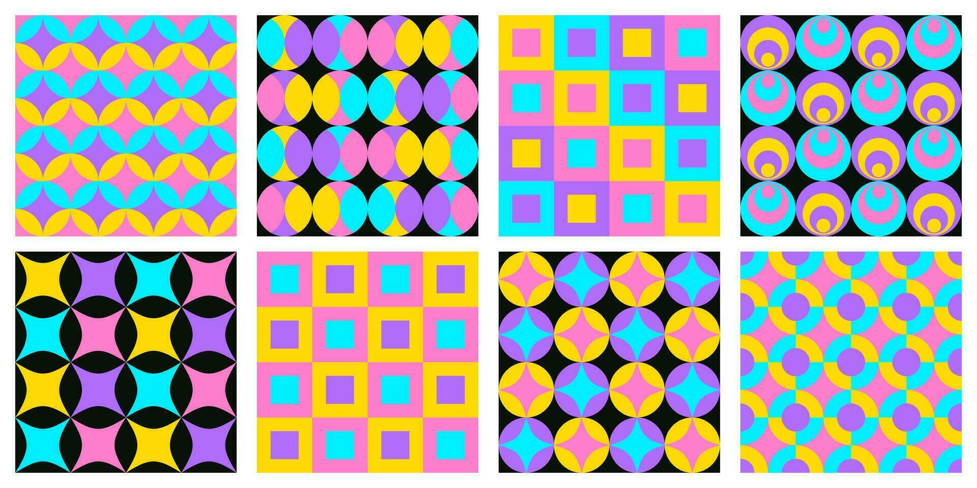 Set of seamless patterns with abstract geometric shapes. Colorful vector retro backgrounds and covers template.