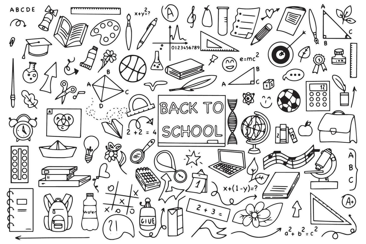 Background of school icons in doodle style. School education. Back to school doodle drawing. Vector