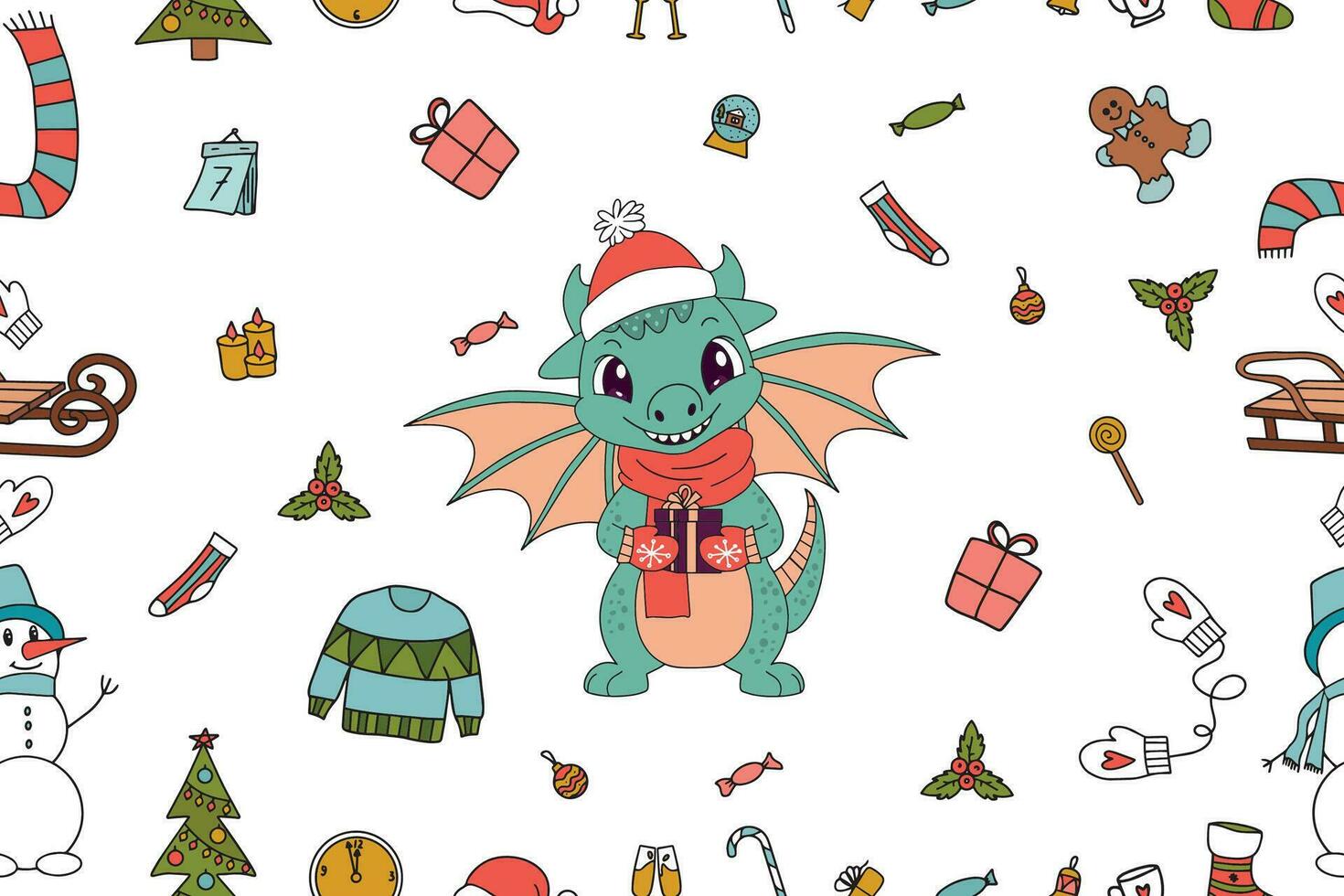 Seamless pattern of New Year elements and cute dragon symbol of 2024. Vector illustration. Vector illustration