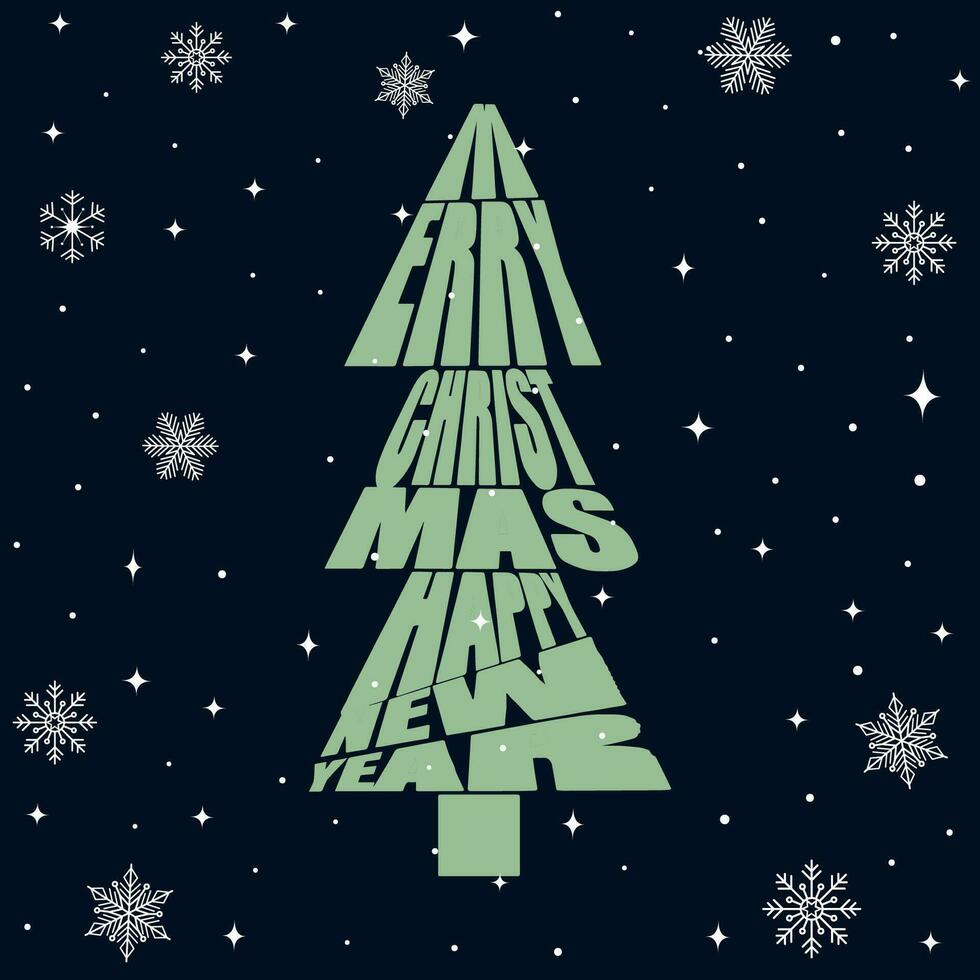 el inscripción alegre Navidad y contento nuevo año en el formar de un Navidad árbol. Navidad antecedentes con escrito tipografía. vector