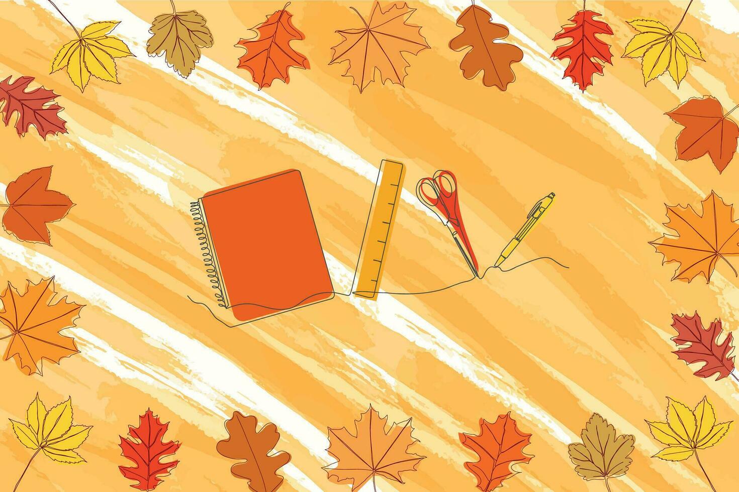 School supplies are drawn in one line on a background with autumn leaves. Back to school. Vector