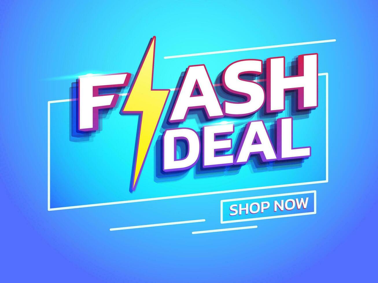 Colorful flash deal banner template design with neon light effect and gradient background. Shop now call to action button. For promo or discount social media advertising design. Vector illustration.