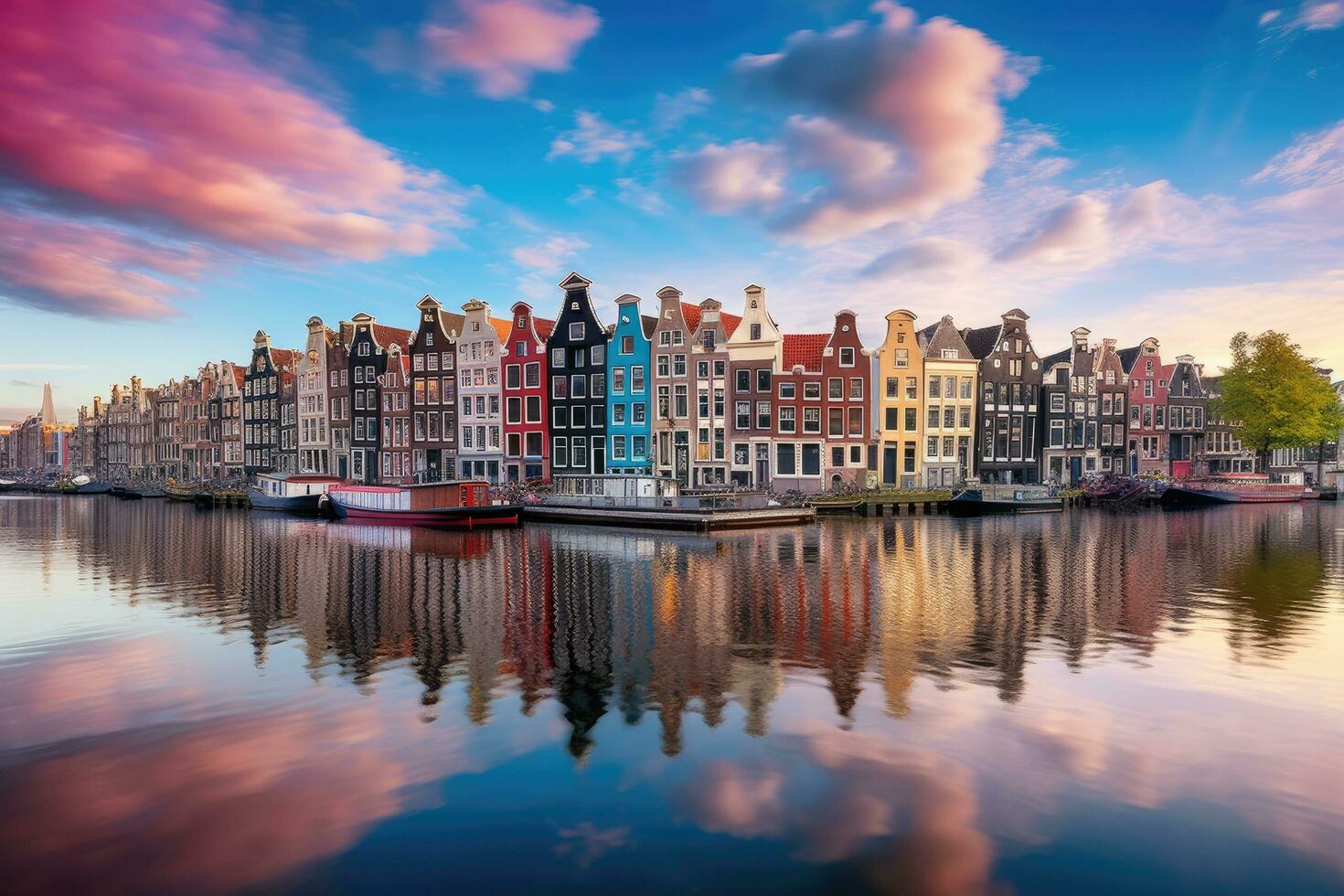 Amsterdam cityscape with canal and houses at sunset. Netherlands. Amsterdam Netherlands dancing houses over river Amstel landmark, AI Generated photo