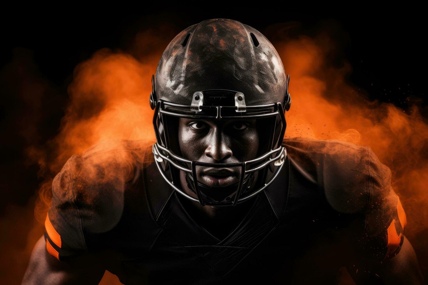 american football player in helmet on black background with orange smoke. American football player on a dark background in smoke in black and orange equipment, AI Generated photo