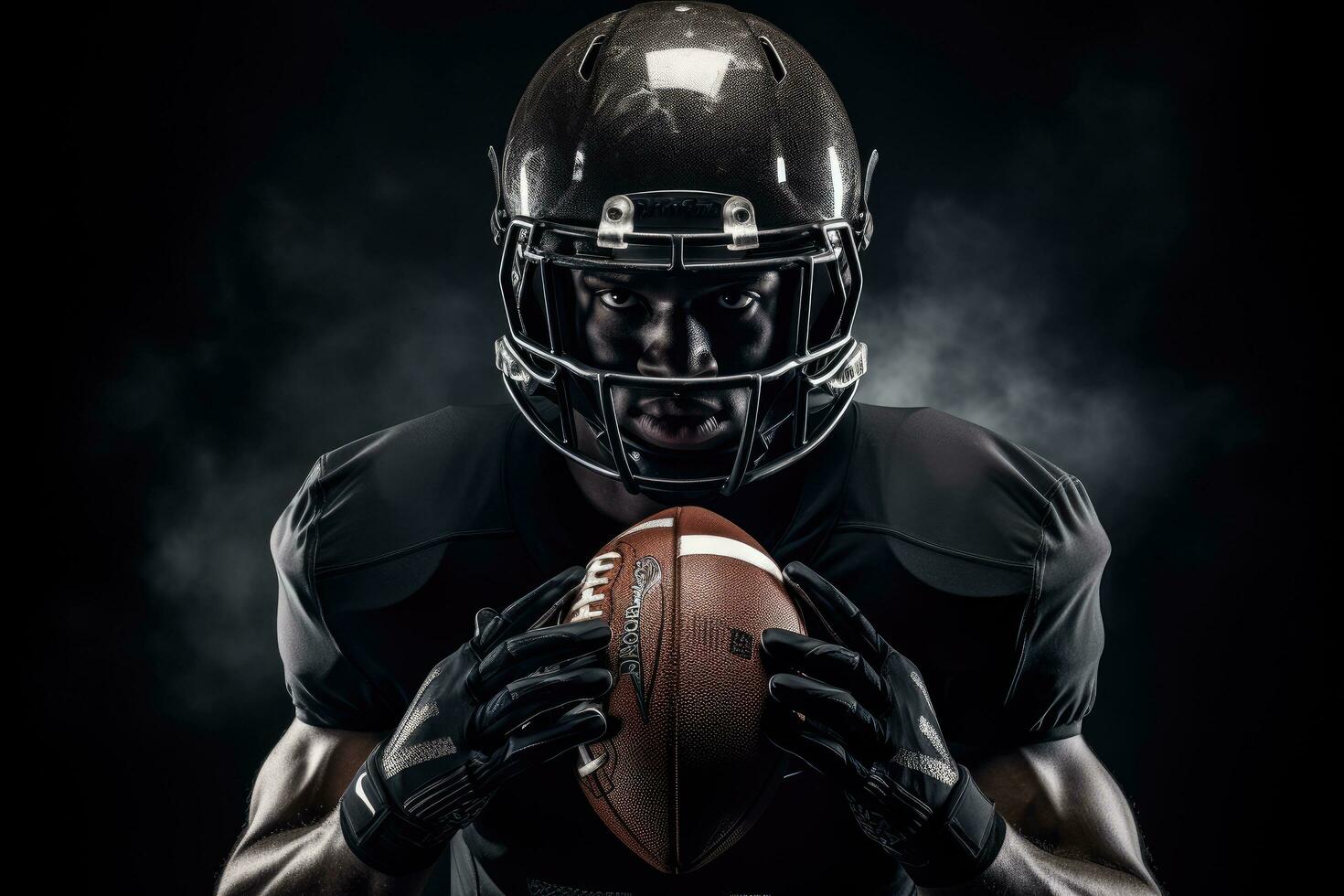American football player in helmet with ball on black background. Studio shot. American football player in helmet holding a rugby ball, AI Generated photo