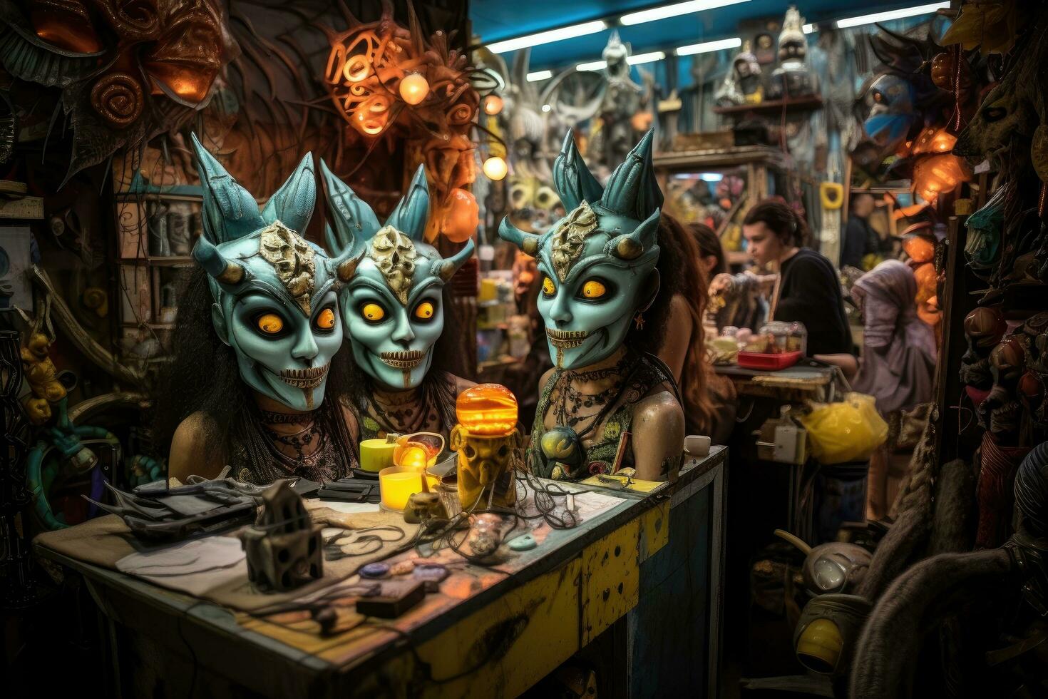 Unidentified people with mask at night market in Bangkok, Thailand. 3D Halloween costume shop, grotesque creatures that blend seamlessly with their costumes, AI Generated photo