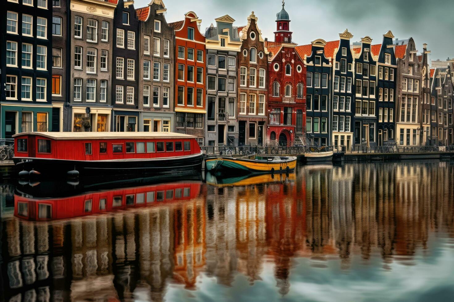 Amsterdam canals and traditional dutch houses, Holland, Netherlands, Amsterdam Netherlands dancing houses over river Amstel landmark, AI Generated photo