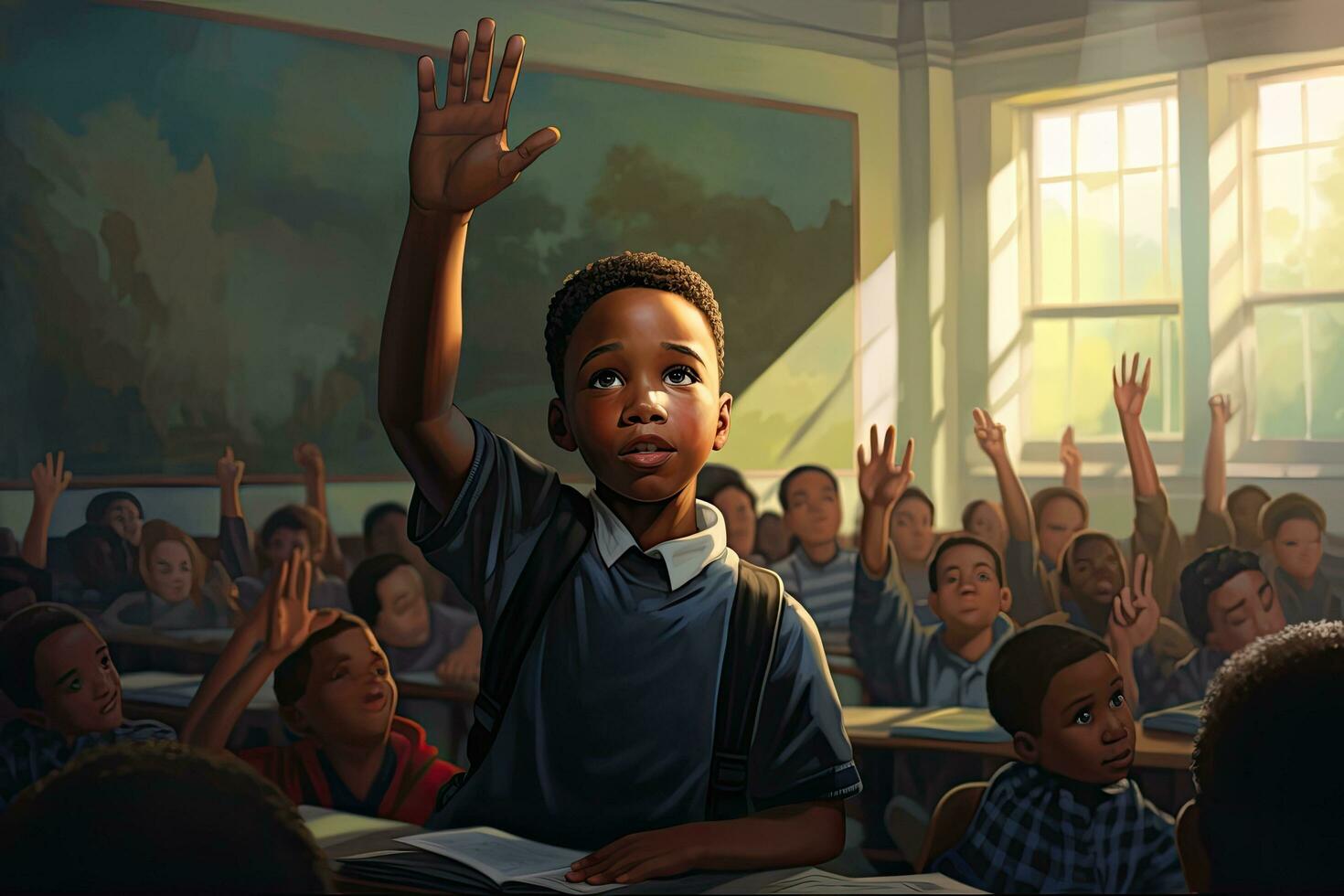 African american schoolboy raising his hand in classroom at school. An African American boy raises his hand for an answer in class, AI Generated photo