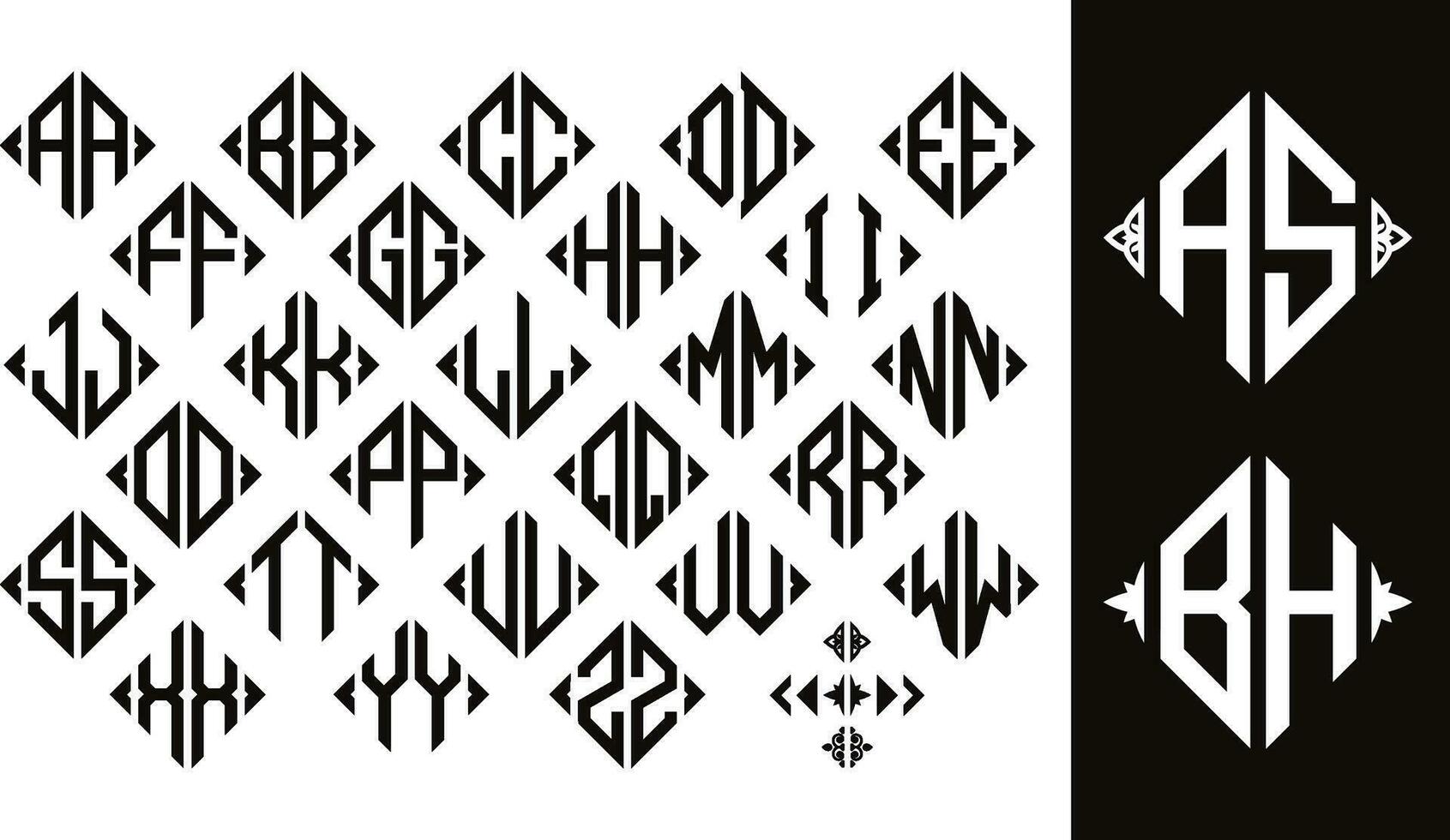 Set Rhombus Monogram 2 Letters Alphabet Font Logo Logotype Embroidery vector