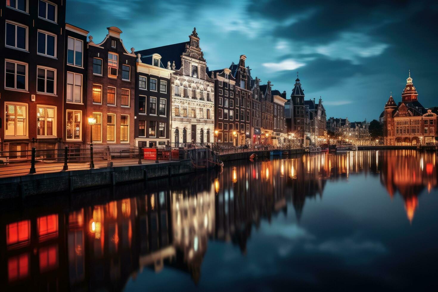 Amsterdam canal at night, Holland, Netherlands. Travel background. Amsterdam City Illuminated Building and Canal at night, Netherlands, AI Generated photo