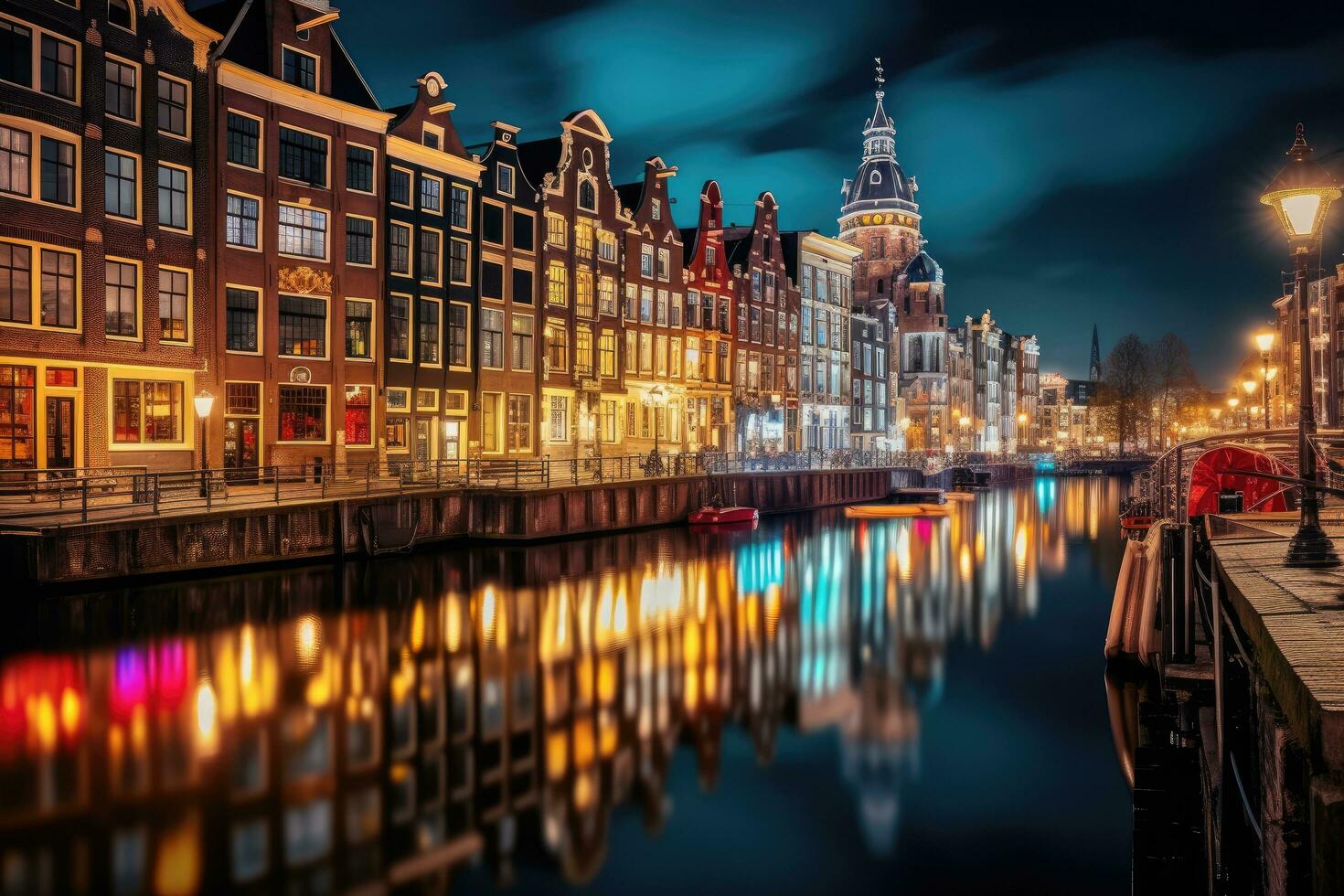 Amsterdam canal at night, Holland, Netherlands. Cityscape. Amsterdam City Illuminated Building and Canal at night, Netherlands, AI Generated photo