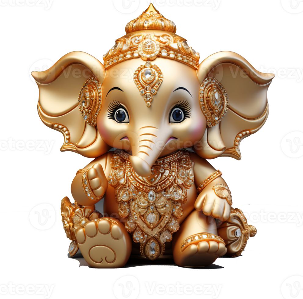 Cute Golden Ganesha God - Divine Hindu Deity Statue Symbolizing Spirituality, Icon of Faith and Worship, Ai generative png
