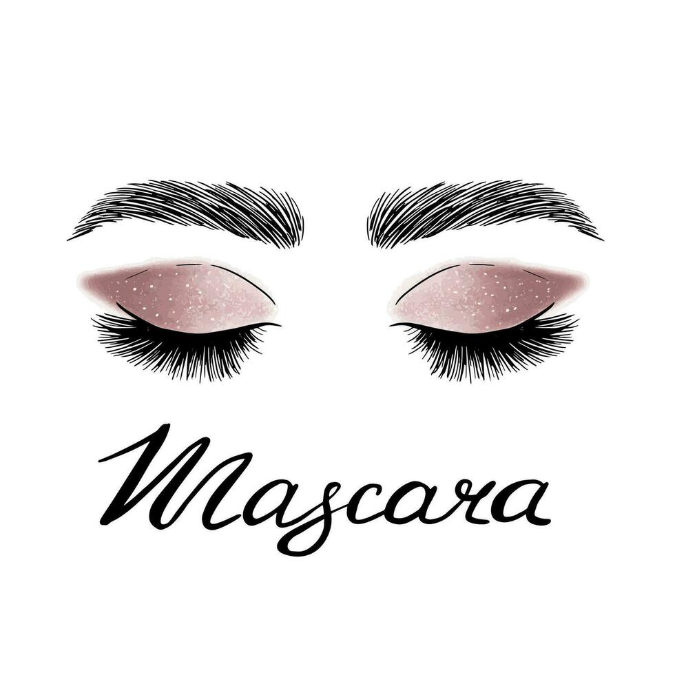 Eye with long eyelashes, shadows and glitter, vector illustration