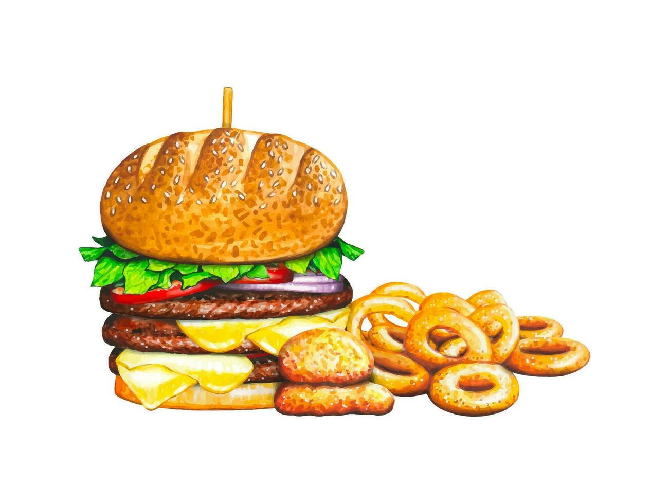 Fresh tasty burger with onion rings. Watercolor vector