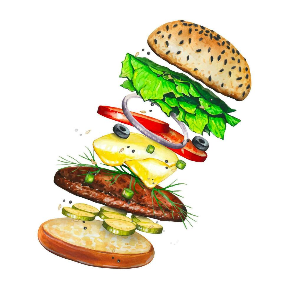 Flying tasty burger with ingredients, watercolor fastfood illustration. vector