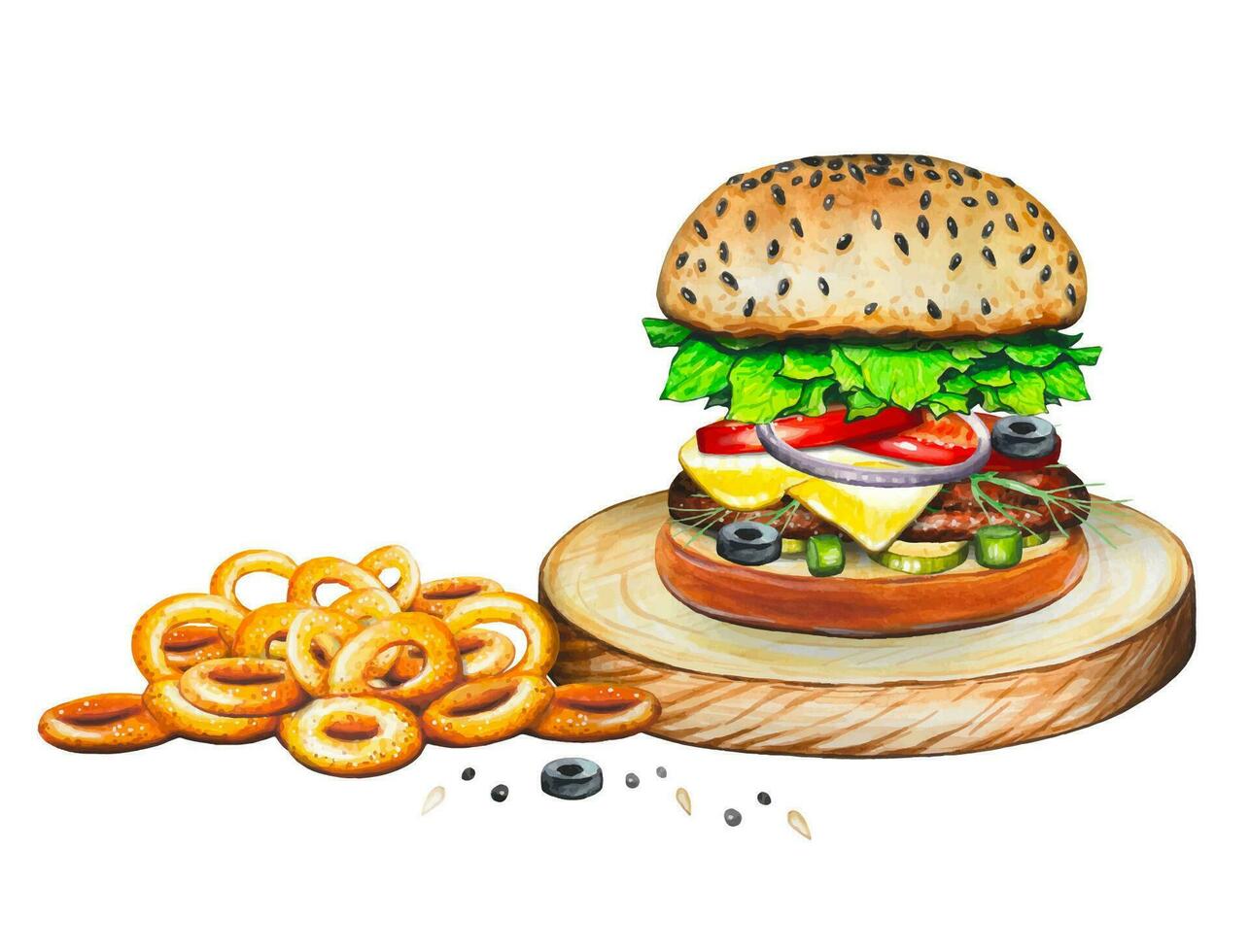 mano dibujado hamburguesa y cebolla anillos , acuarela comida rápida ilustración. vector