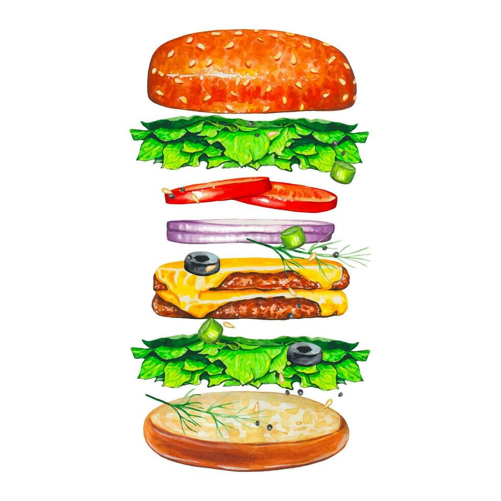 Flying tasty burger with ingredients, watercolor fastfood illustration. vector