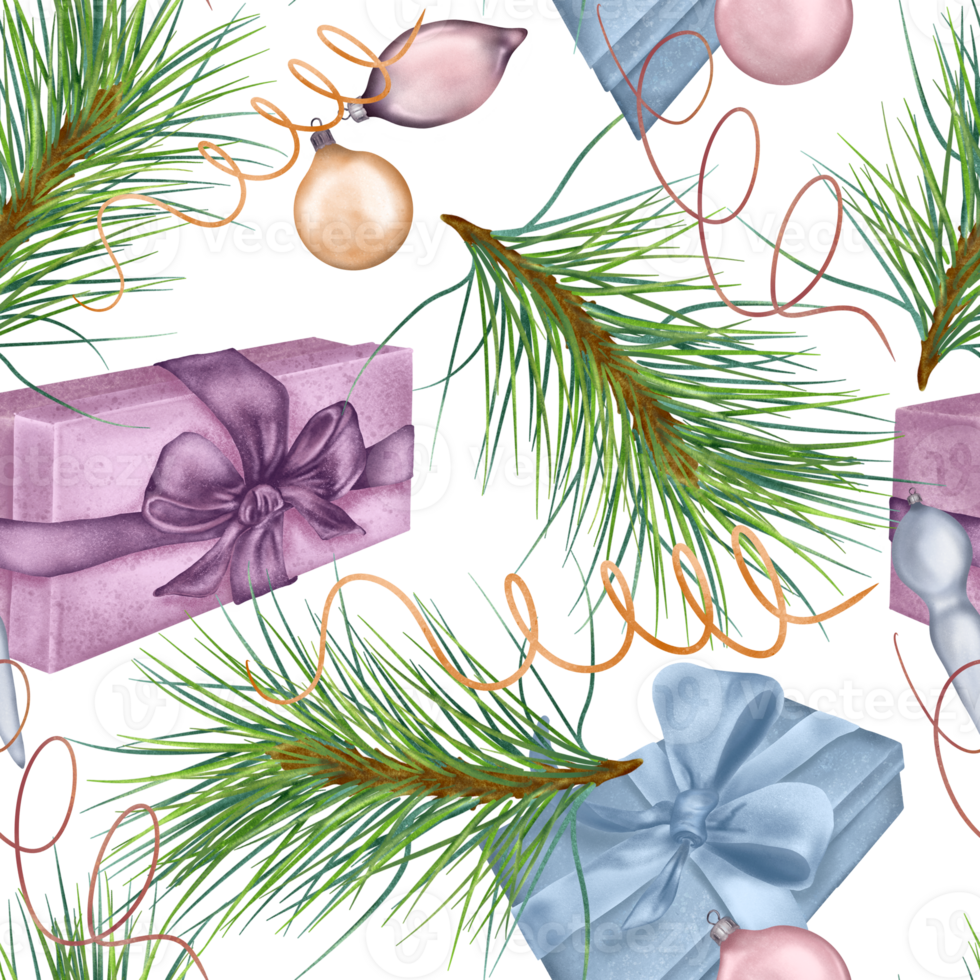 Christmas seamless pattern of gift boxes, Christmas decorations digital illustration. Present, wrapping ribbon hand drawn. Print for holiday, 2024 new year wrapping, paper, textile. png