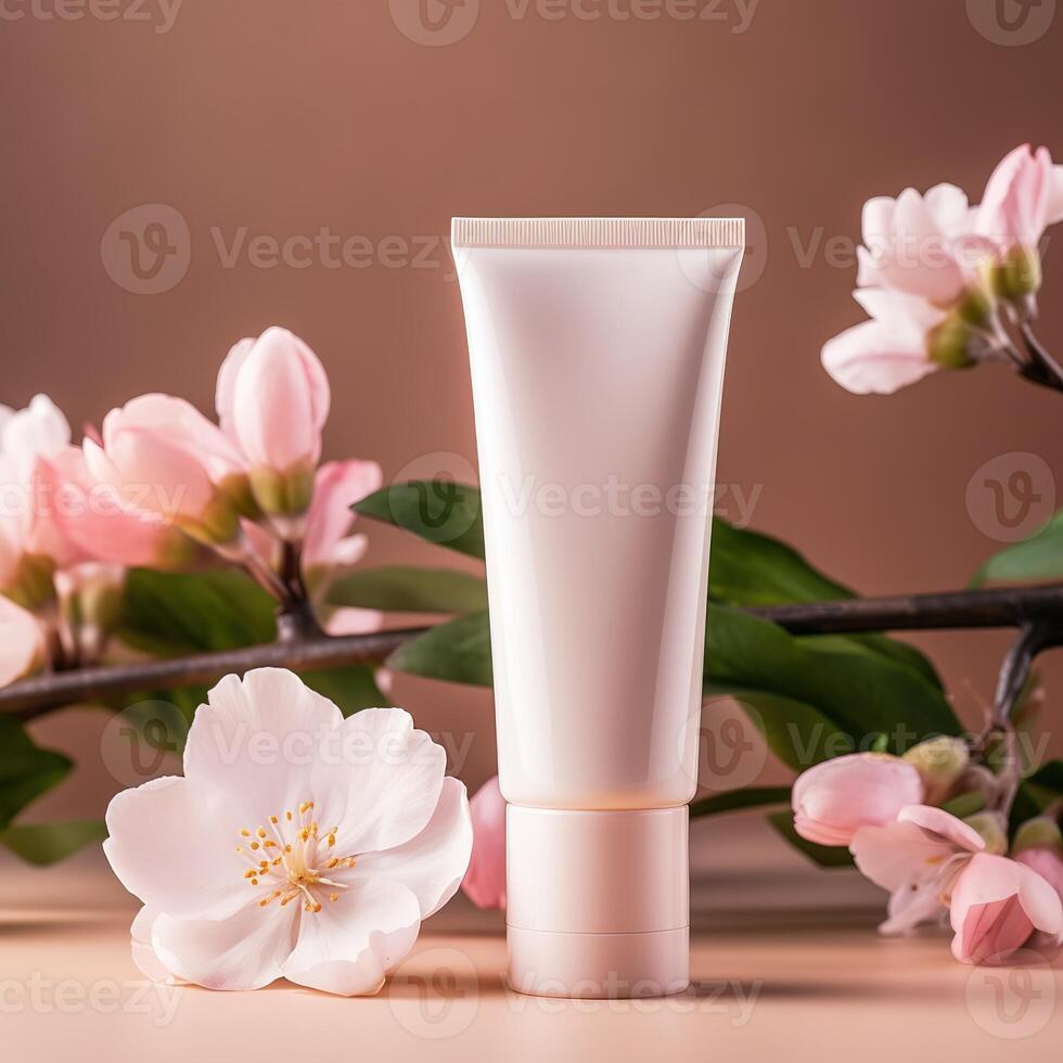 a blank white tube of skincare products next to a pink flower photo