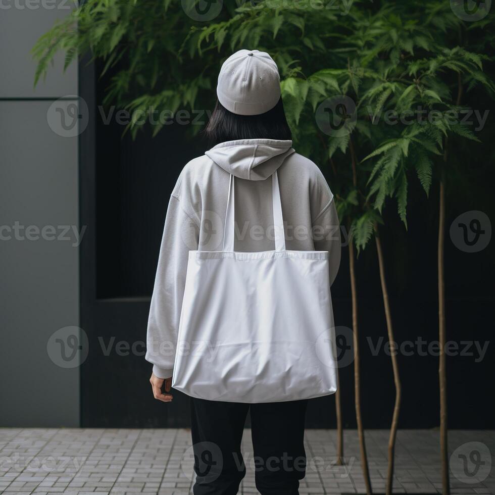 a person holding a tote bag photo