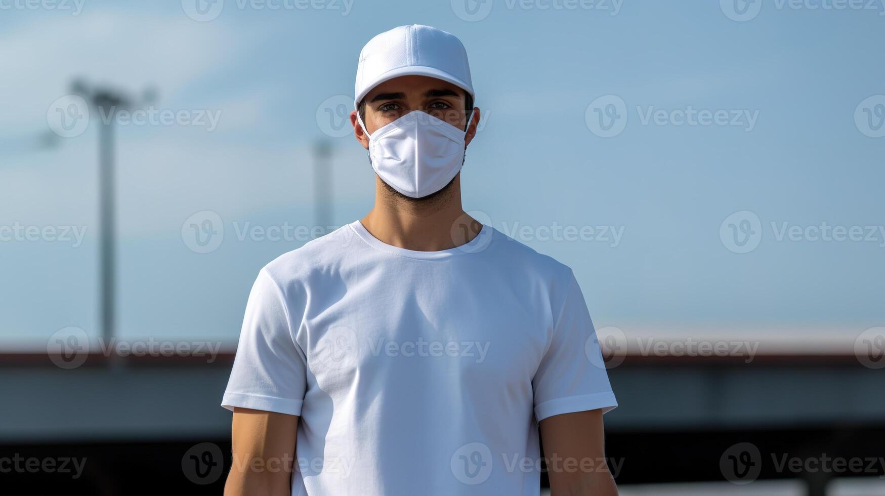 a man with face mask in a white t shirt photo