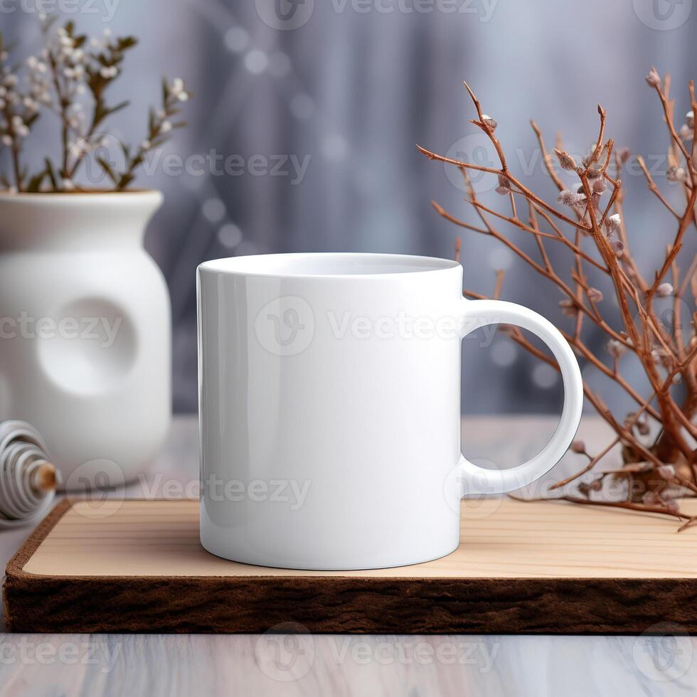 a white mug with blur background photo