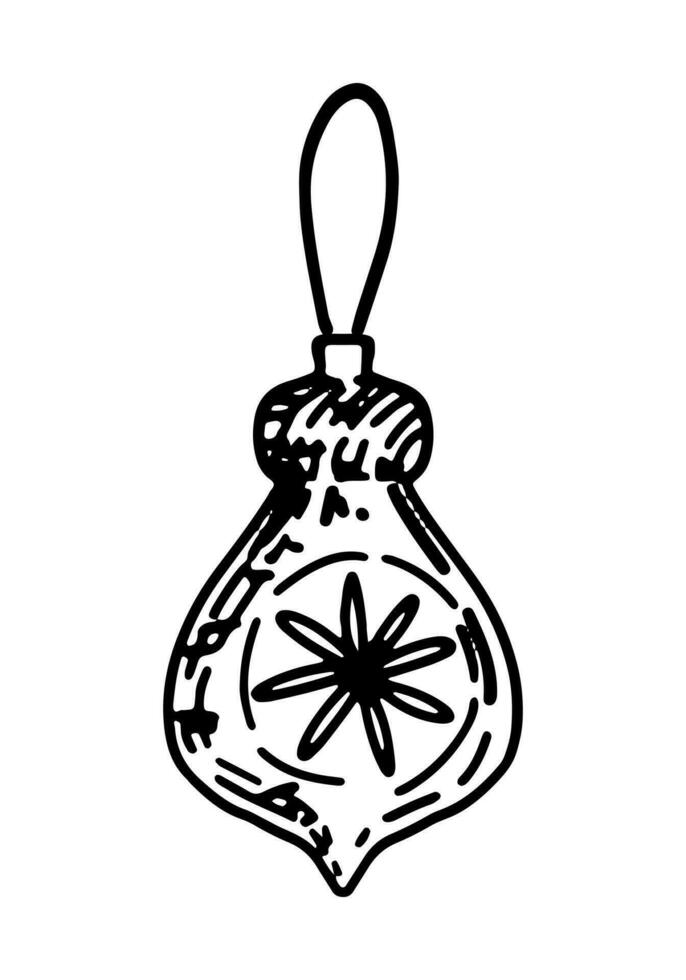 Doodle of glass bauble on ribbon. Outline drawing of Christmas tree decoration. Hand drawn vector illustration. Single clipart isolated on white.