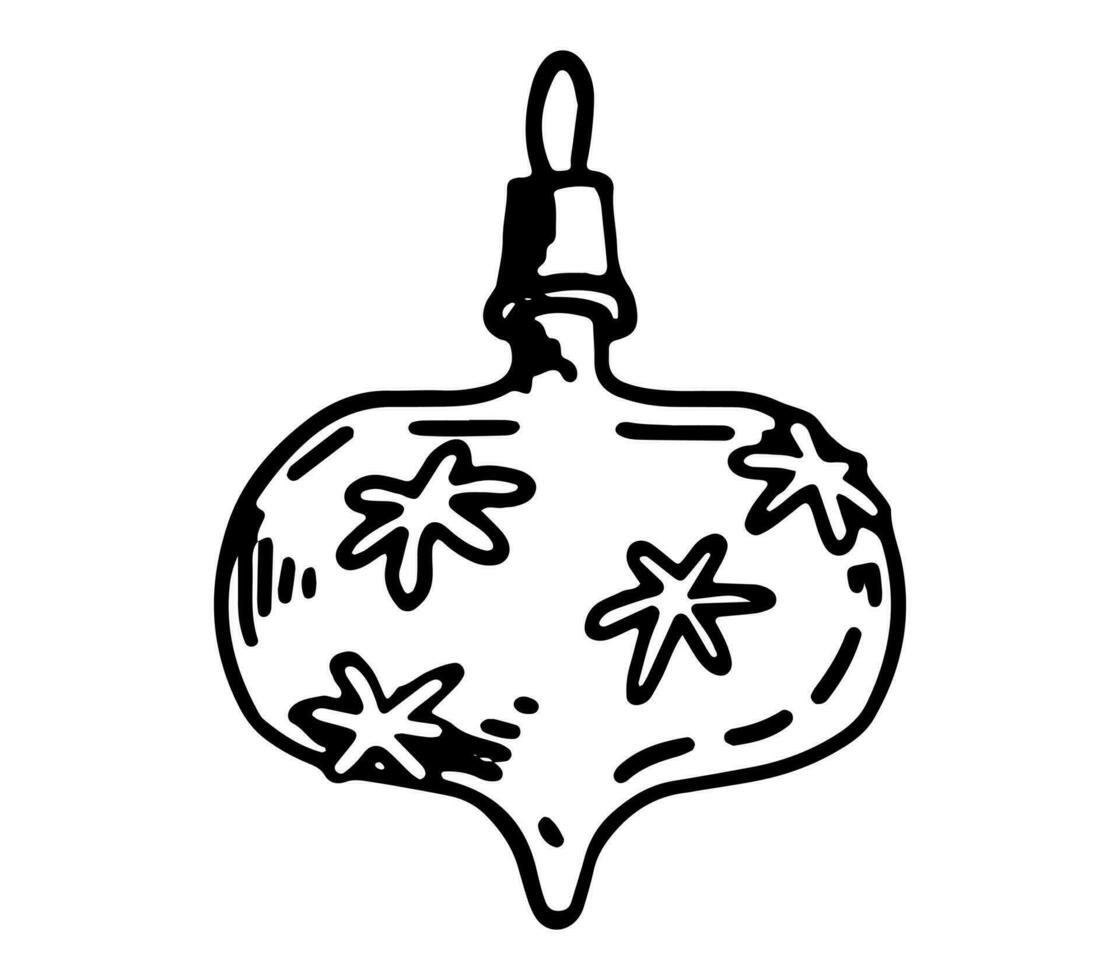 Doodle of glass bauble on ribbon. Outline drawing of Christmas tree decoration. Hand drawn vector illustration. Single clipart isolated on white.