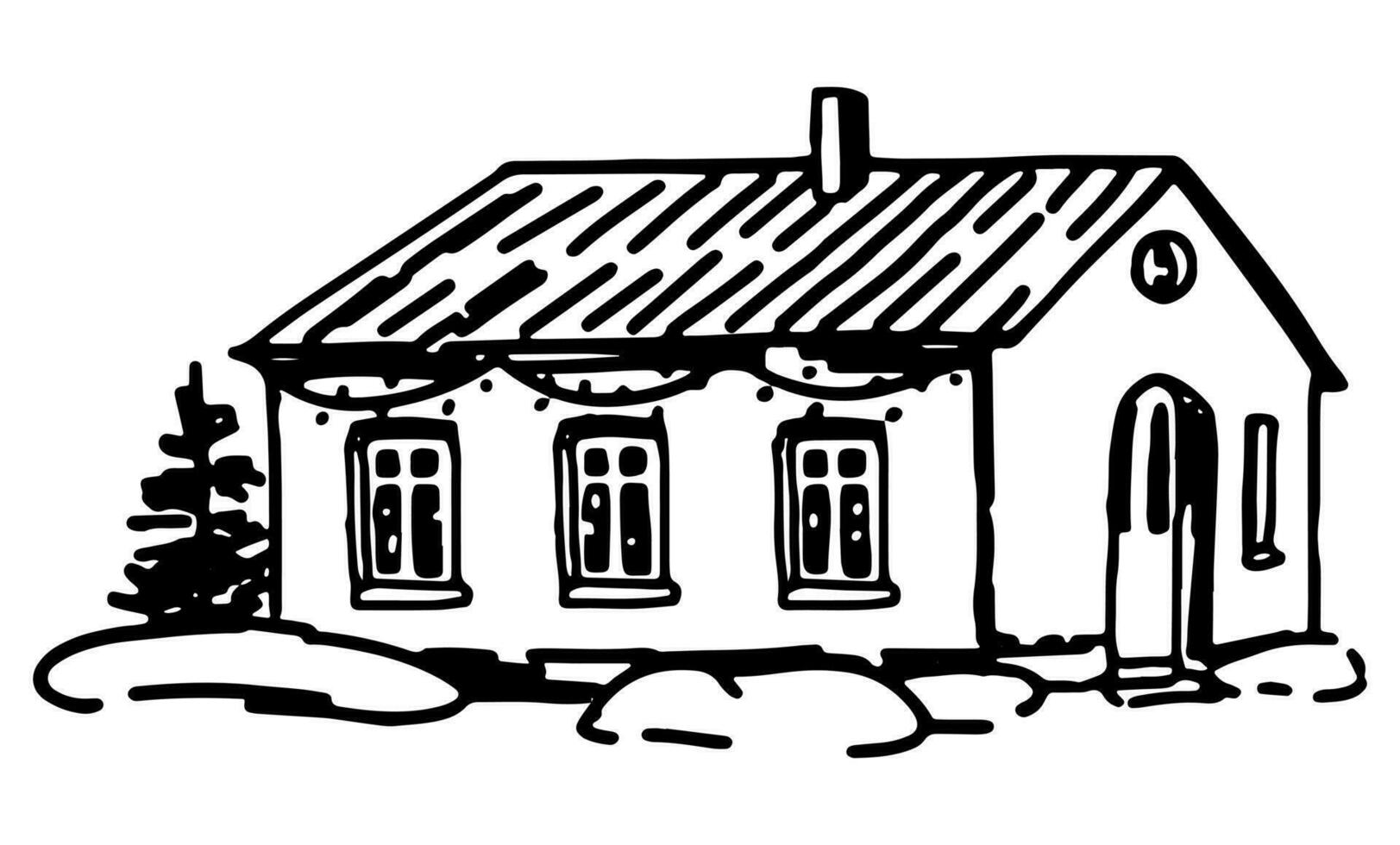 Cozy winter time house. Doodle of snow-covered country scene. Hand drawn vector illustration. Single outline clip art isolated on white.