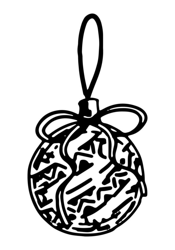 Doodle of glass bauble on ribbon. Outline drawing of Christmas tree decoration. Hand drawn vector illustration. Single clipart isolated on white.