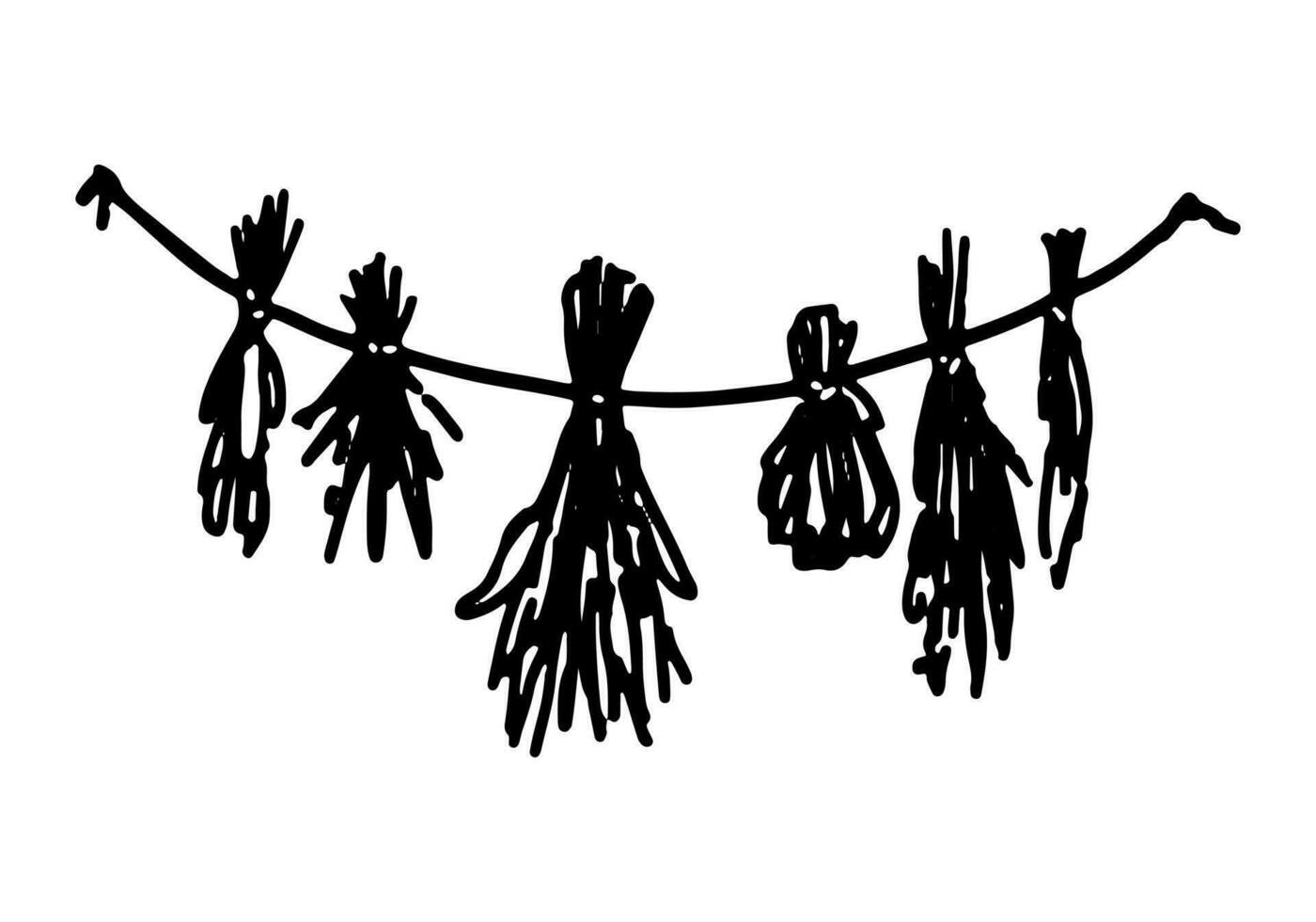 Doodle of bunches of dried grass hanging herbs on rope. Herbarium, witchcraft ingredients, aromatherapy sketch. Hand drawn vector illustration. Outline clip art isolated on white.