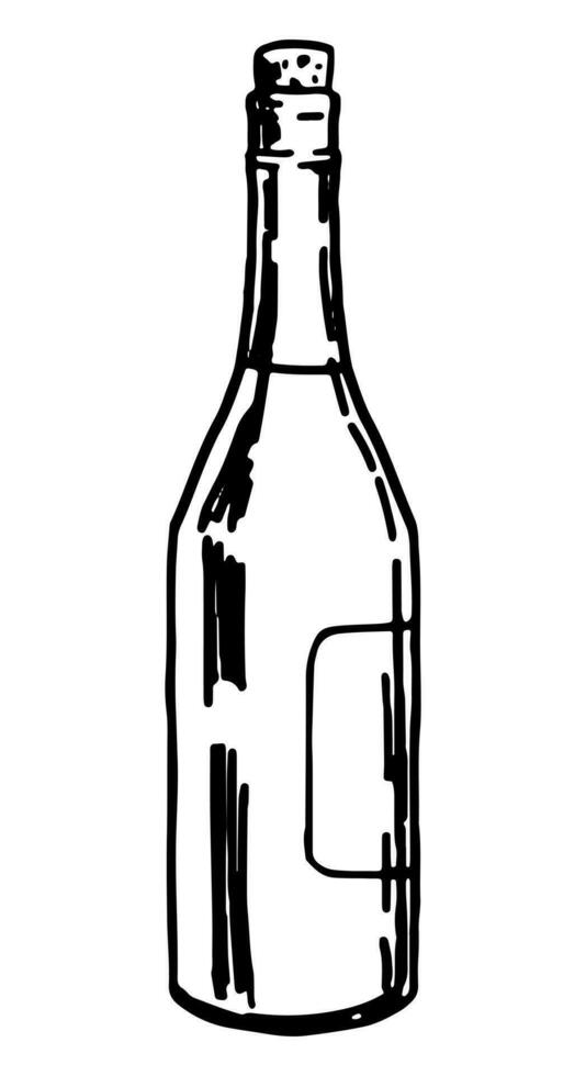 Doodle of wine bottle. Outline drawing of alcohol beverage. Hand drawn vector illustration. Single clipart isolated on white background.