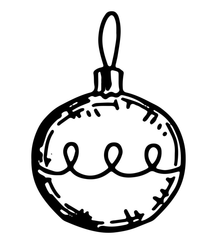 Doodle of glass bauble on ribbon. Outline drawing of Christmas tree decoration. Hand drawn vector illustration. Single clipart isolated on white.