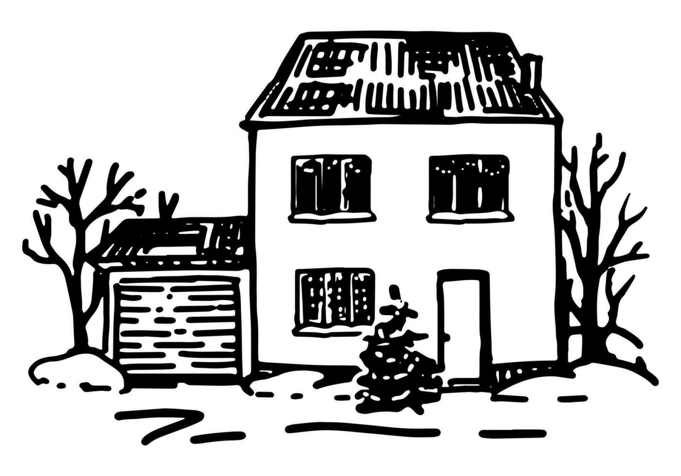 Cozy winter time house. Doodle of snow-covered country scene. Hand drawn vector illustration. Single outline clip art isolated on white.
