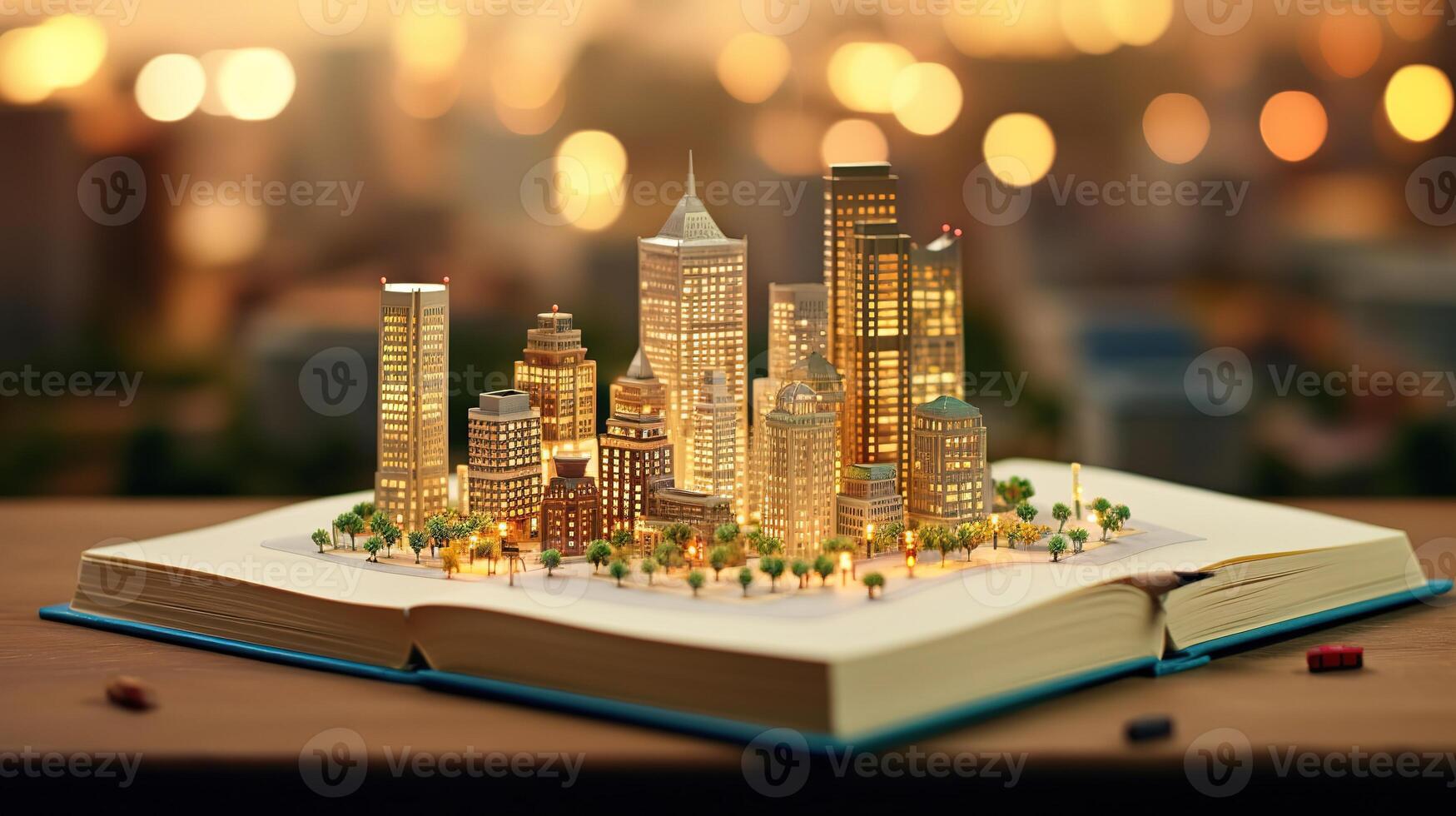 a book is open with a city in the background photo