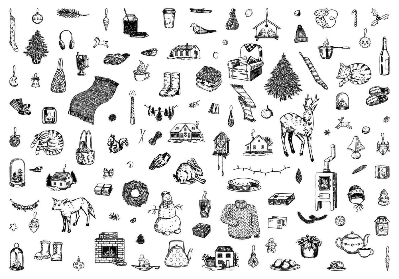 Set of winter time doodles, Christmas holidays symbols. Cozy items, xmas decorations, clothes, foods, animals. Hand drawn vector illustrations. Outline clip arts collection isolated on white.