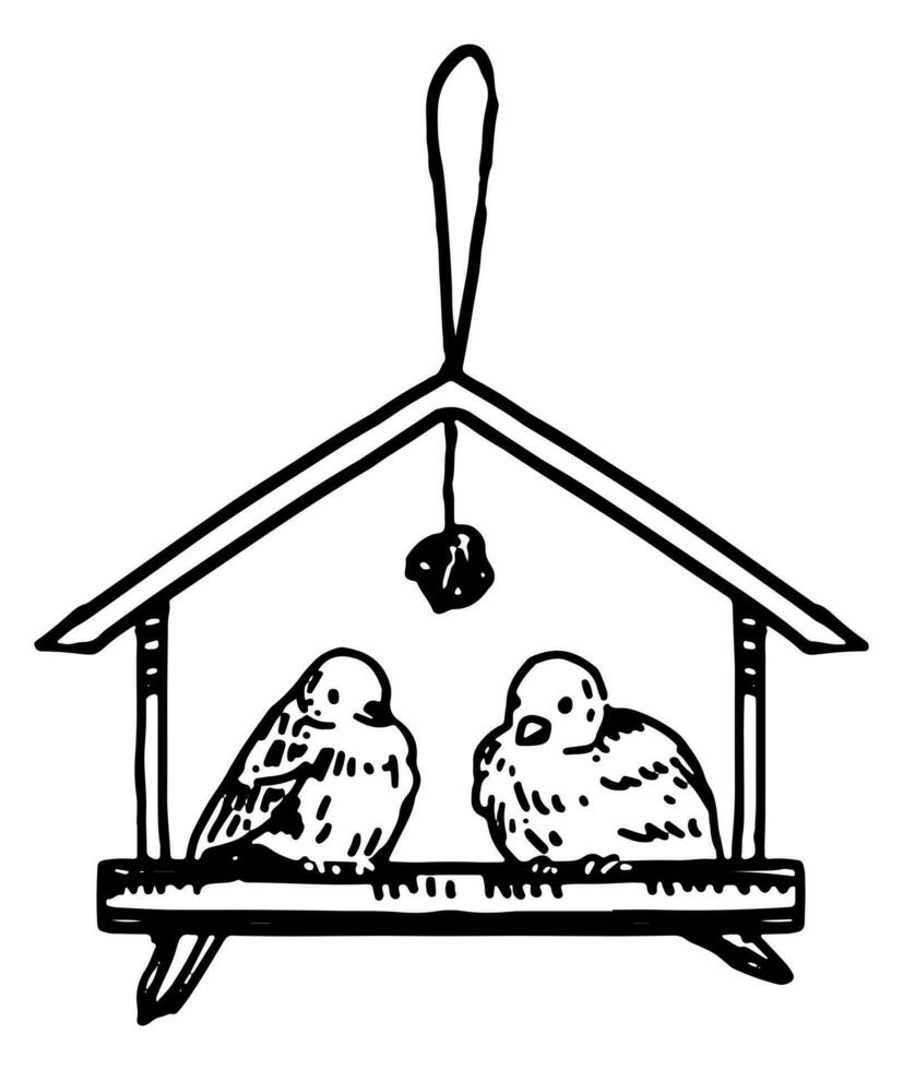 Doodle of feeder with birds. Outline drawing of winter wild animals. Hand drawn vector illustration. Single clipart isolated on white. Element for design, decor.