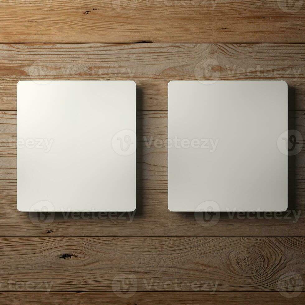 AI Generative square wall plates sitting on a wooden surface photo