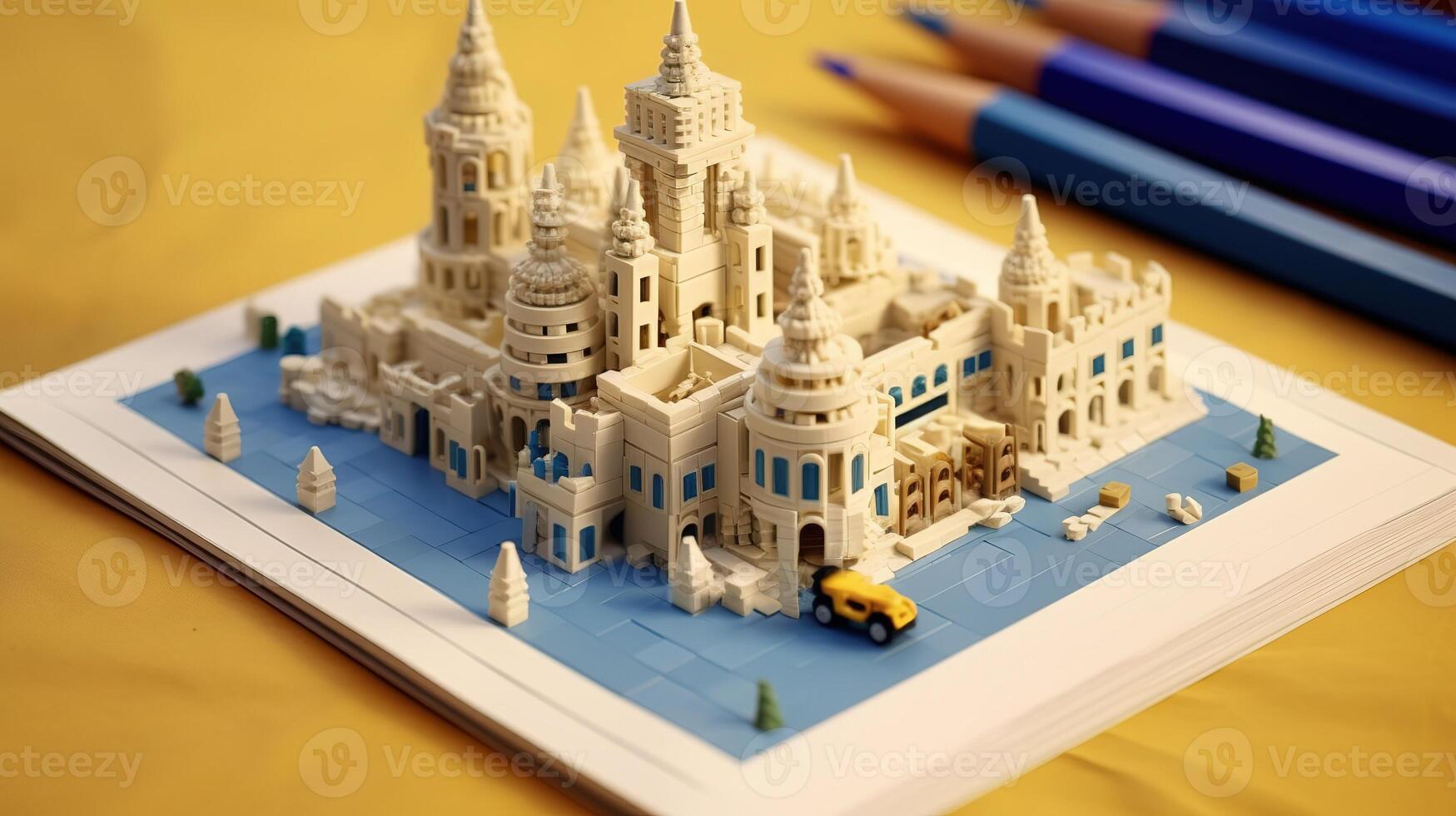 AI Generative lego paper European Building on notebook and pencil on top photo