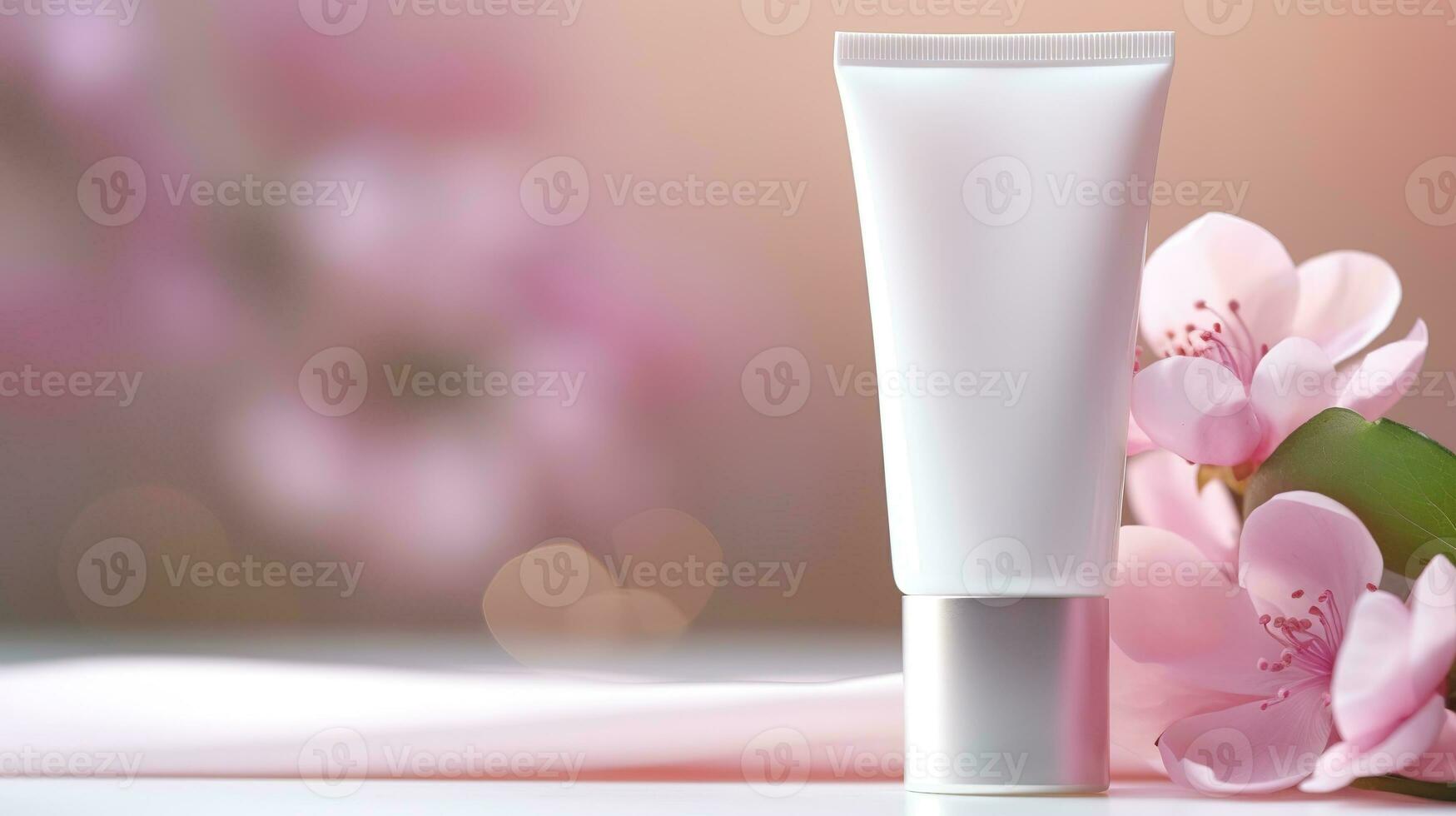 ai generativo un blanco blanco tubo de protección de la piel productos siguiente a un rosado flor foto