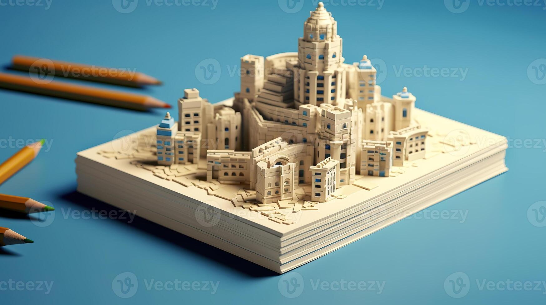 lego paper European Building on notebook and pencil on top photo